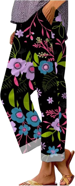 2025 Cotton Linen Pants Women Summer Elastic Waist Crop Pant Plus Size Straight Leg Slack Casual Trouser with Pocket