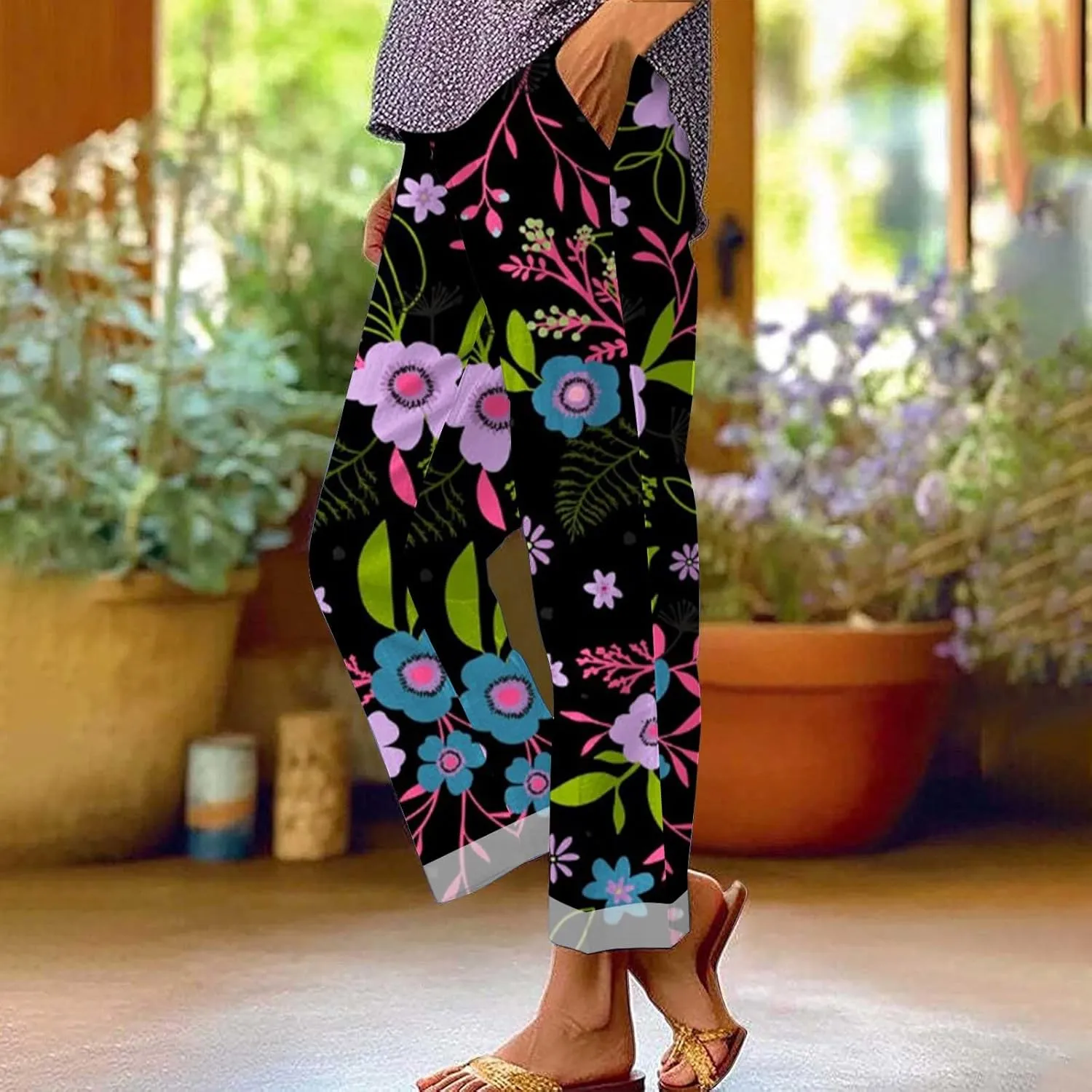 2025 Cotton Linen Pants Women Summer Elastic Waist Crop Pant Plus Size Straight Leg Slack Casual Trouser with Pocket