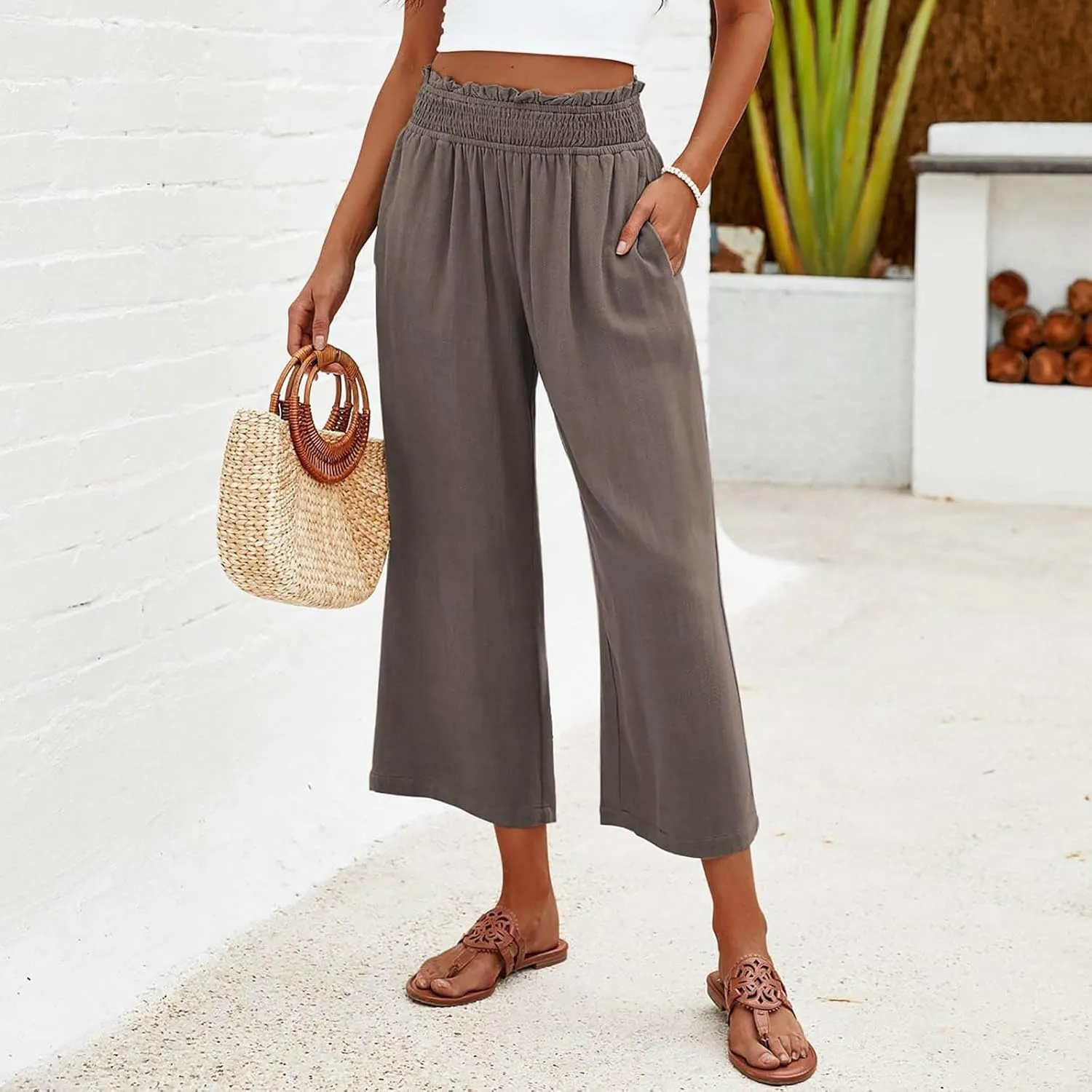 2025 Solid Linen Capri Pants for Womens - Elastic Waist Wide Straight Leg Casual Trousers with Pockets, Loose Fit