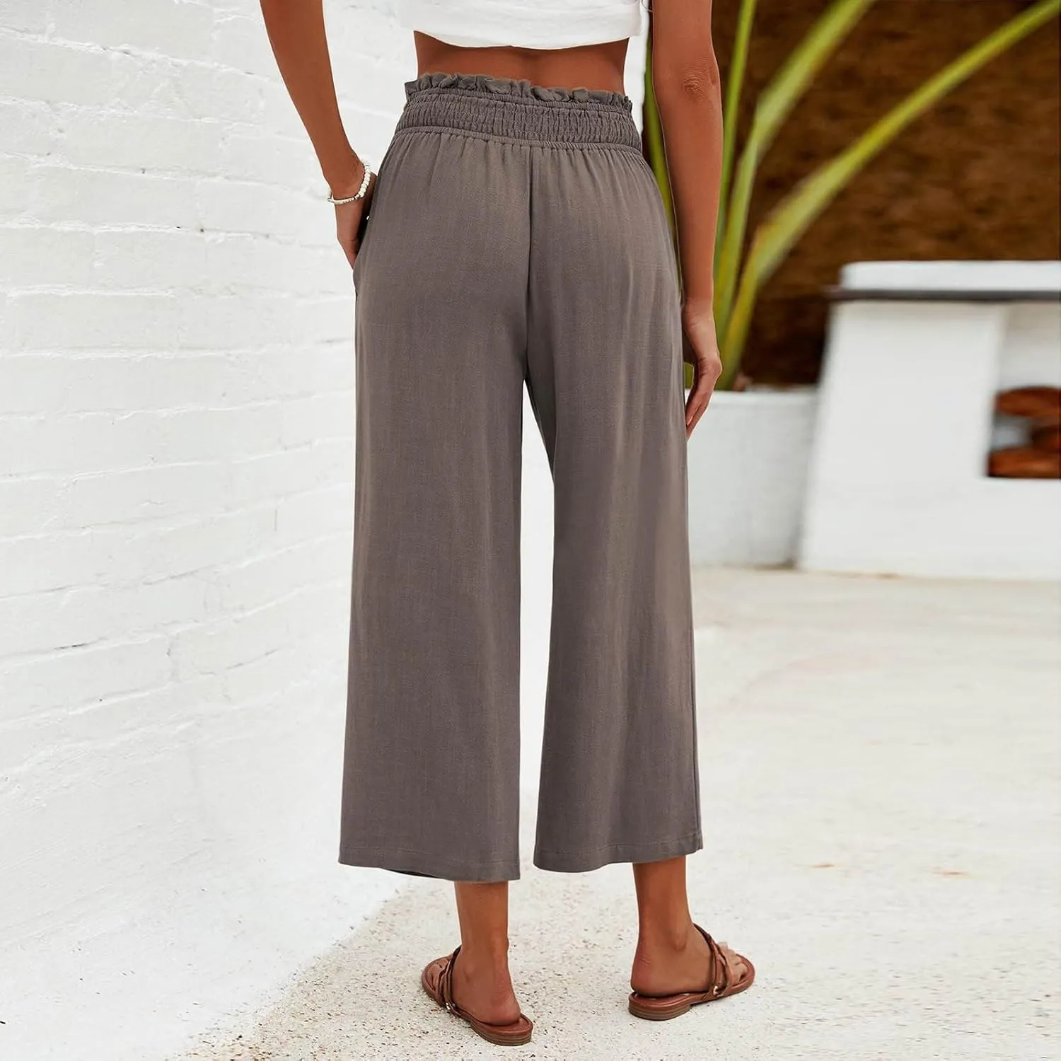 2025 Solid Linen Capri Pants for Womens - Elastic Waist Wide Straight Leg Casual Trousers with Pockets, Loose Fit