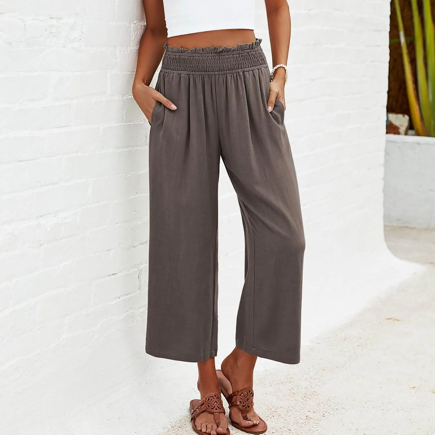 2025 Solid Linen Capri Pants for Womens - Elastic Waist Wide Straight Leg Casual Trousers with Pockets, Loose Fit