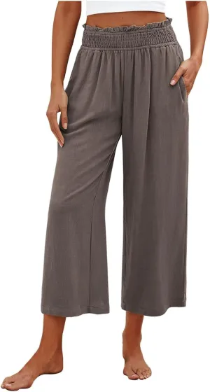 2025 Solid Linen Capri Pants for Womens - Elastic Waist Wide Straight Leg Casual Trousers with Pockets, Loose Fit