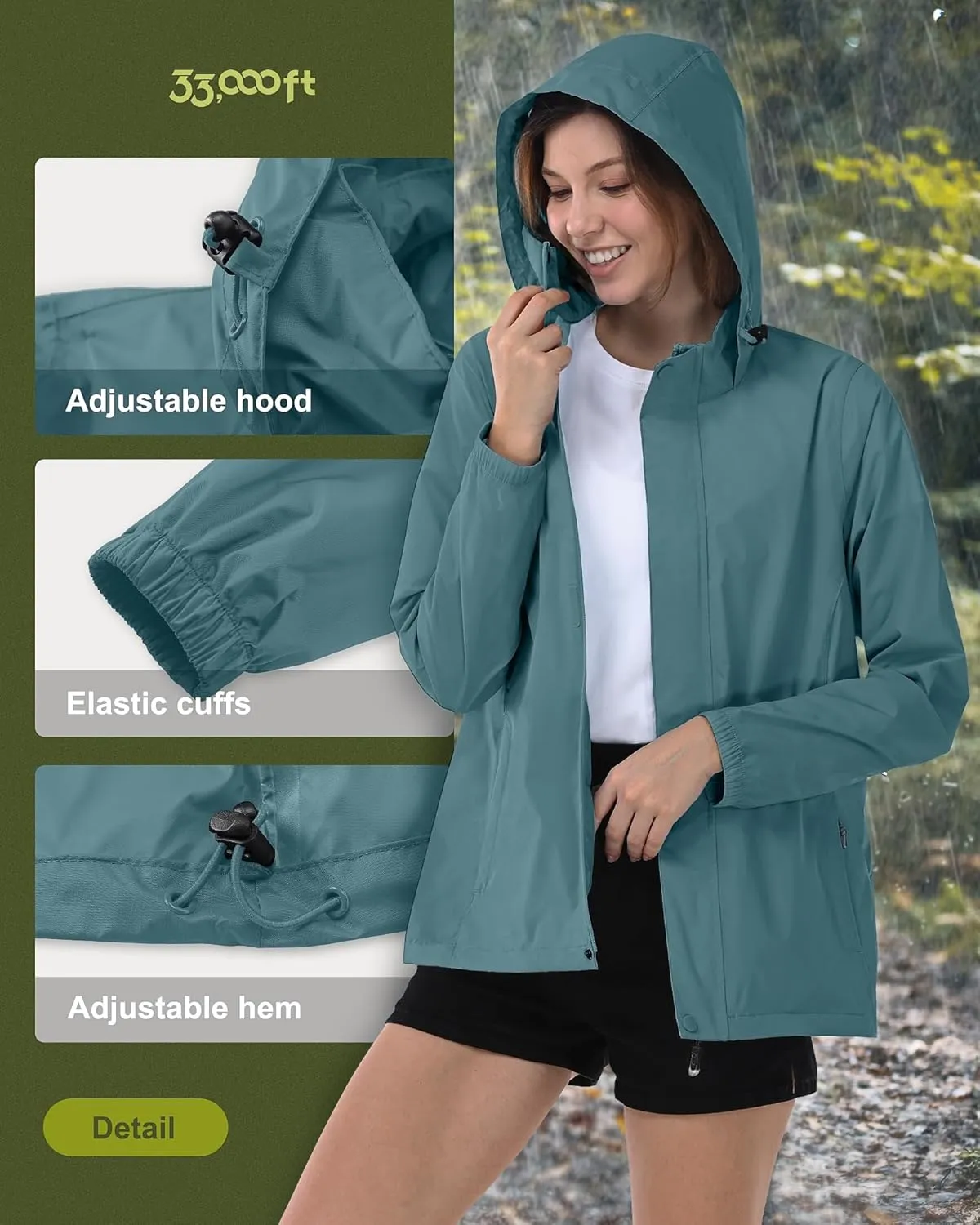 33,000ft Women's Rain Jacket Waterproof Lightweight Packable Raincoat with Hood for Golf Hiking Travel Windbreaker