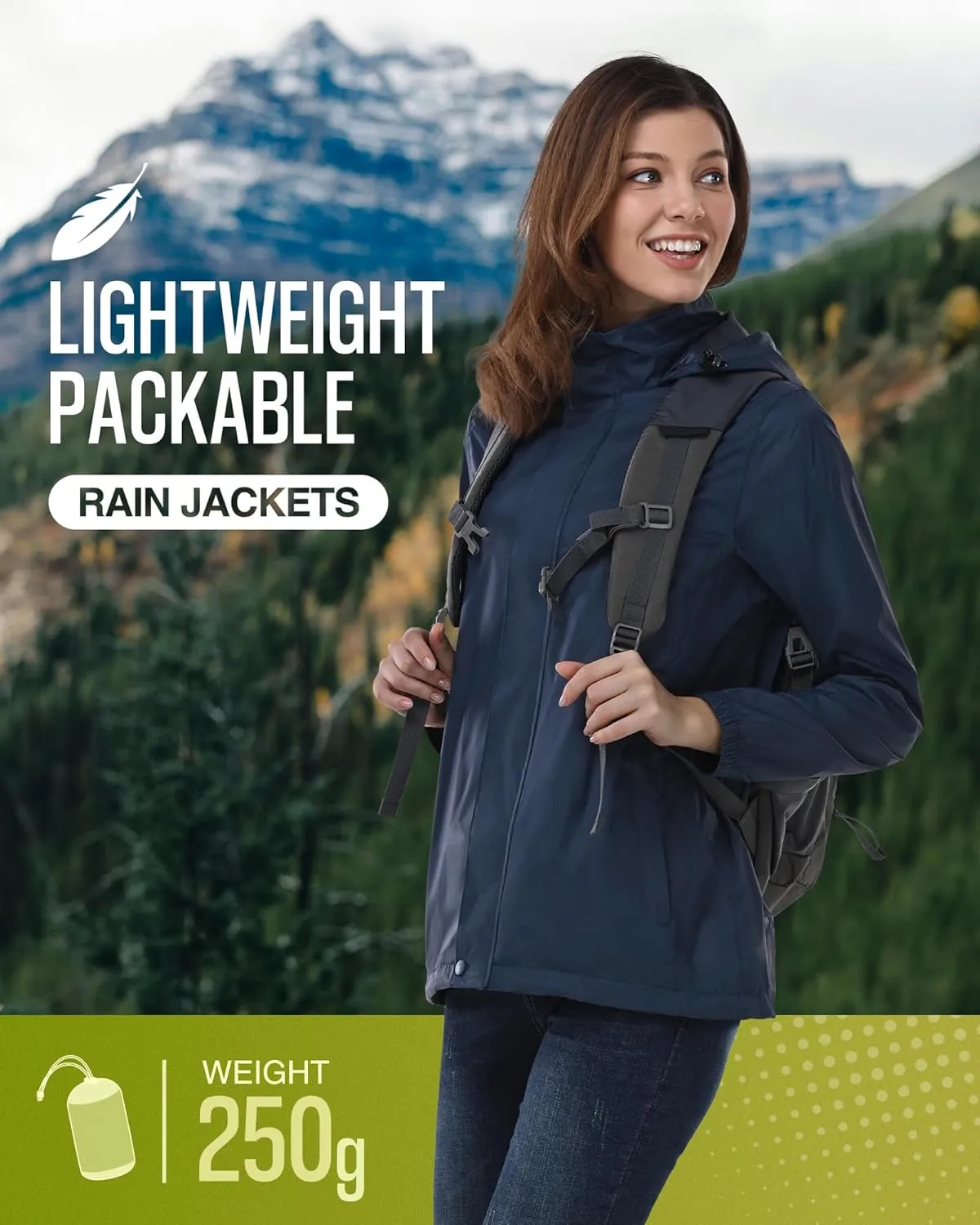 33,000ft Women's Rain Jacket Waterproof Lightweight Packable Raincoat with Hood for Golf Hiking Travel Windbreaker