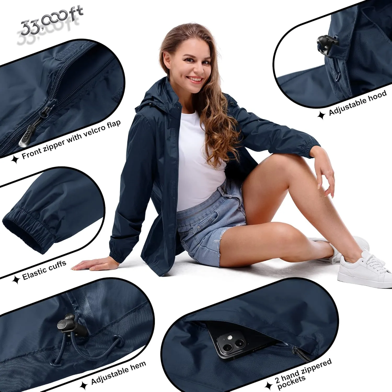 33,000ft Women's Rain Jacket Waterproof Lightweight Packable Raincoat with Hood for Golf Hiking Travel Windbreaker