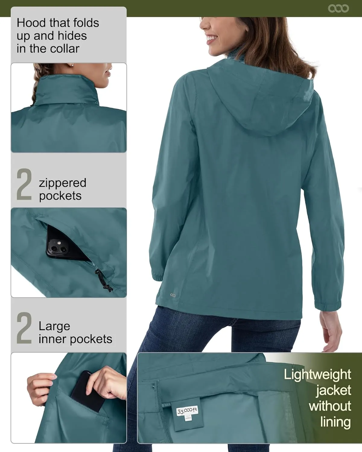 33,000ft Women's Rain Jacket Waterproof Lightweight Packable Raincoat with Hood for Golf Hiking Travel Windbreaker