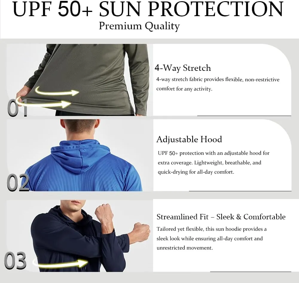 3PC or 6PC Mens UPF 50  Sun Protection Lightweight Long Sleeve Hoodie, Quick-Dry SPF UV Shirt for Outdoor Active Wear