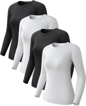 4 Pack Women's Compression Shirts Long Sleeve Athletic Workout Tops Sun Protection Cool Dry Undershirt for Yoga Gym