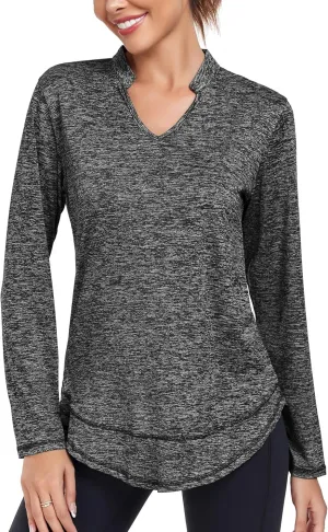 Absttith Women's Long Sleeve Workout Shirts Running Yoga Tops Athletic V Neck Sport Tee Side Split