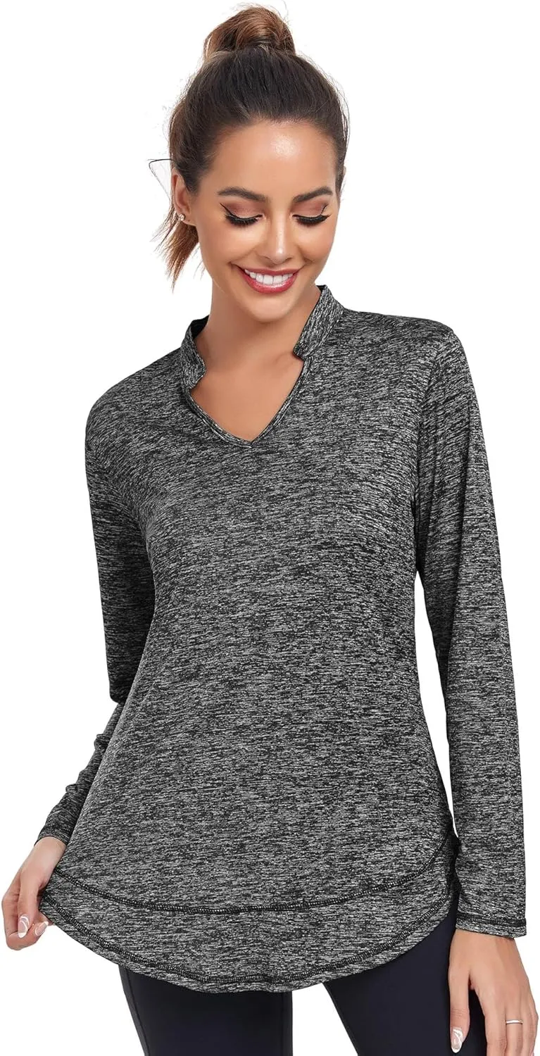 Absttith Women's Long Sleeve Workout Shirts Running Yoga Tops Athletic V Neck Sport Tee Side Split