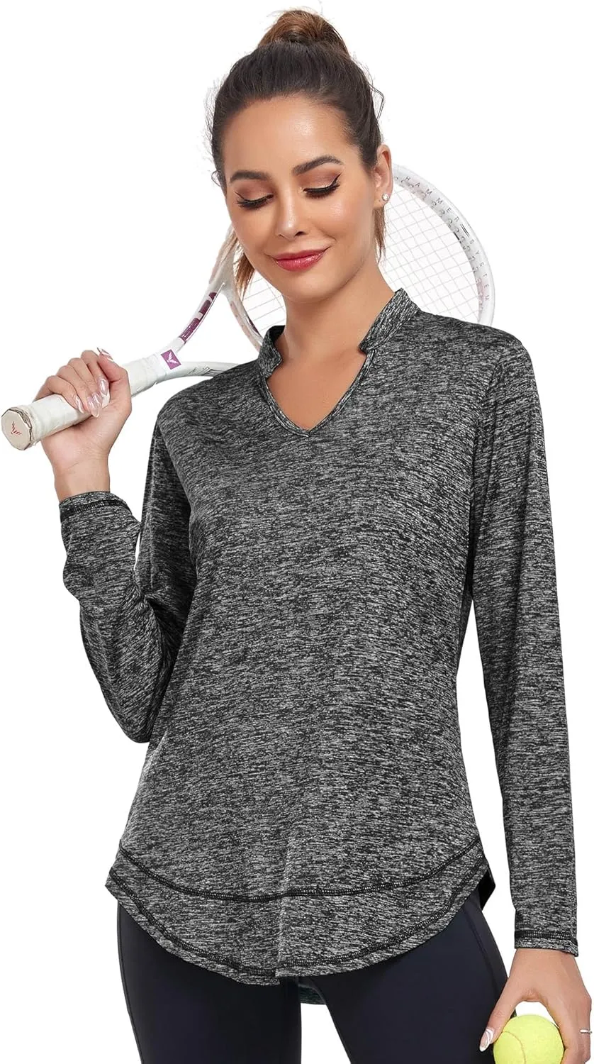 Absttith Women's Long Sleeve Workout Shirts Running Yoga Tops Athletic V Neck Sport Tee Side Split