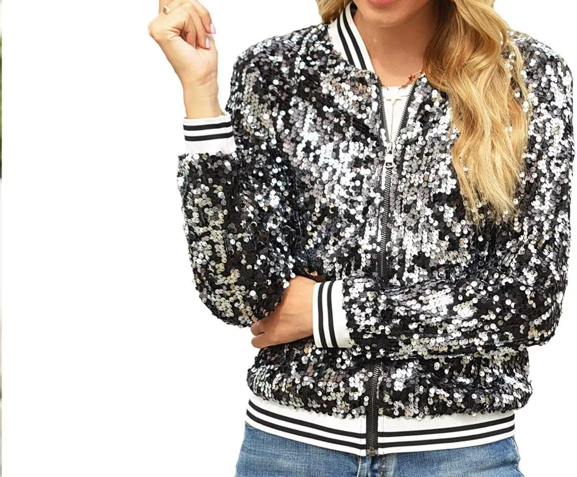 ACEFAST INC Women's Shiny Sparkle Sequins Long Sleeve Zip Blazer Halloween Party Bomber Jacket