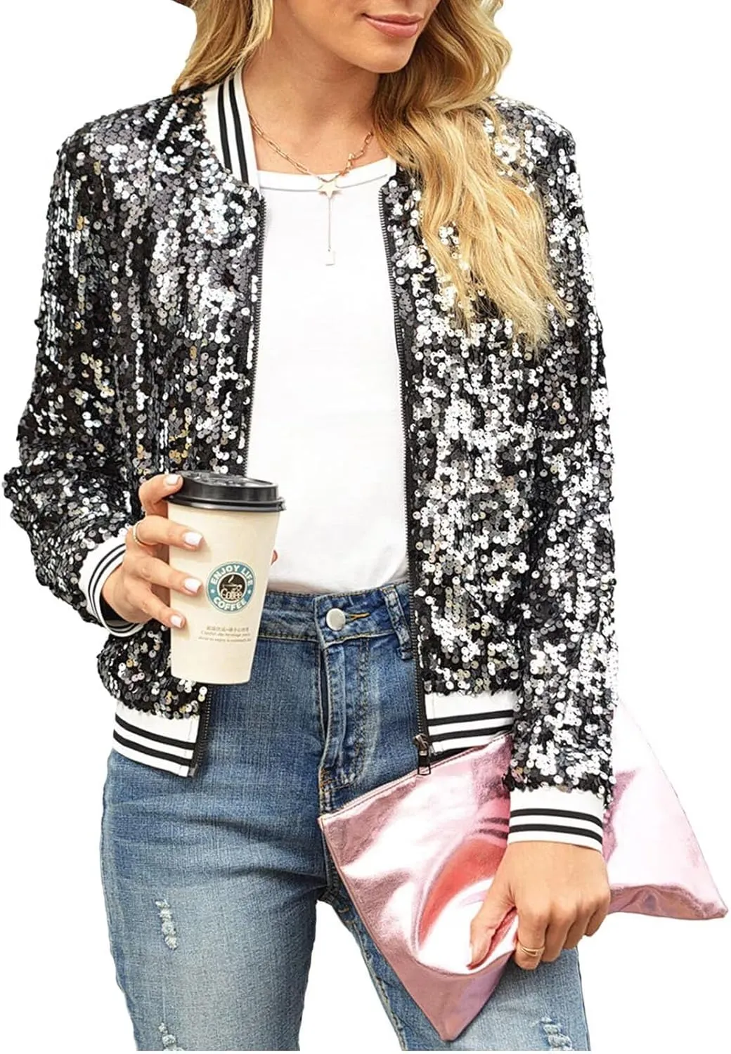 ACEFAST INC Women's Shiny Sparkle Sequins Long Sleeve Zip Blazer Halloween Party Bomber Jacket