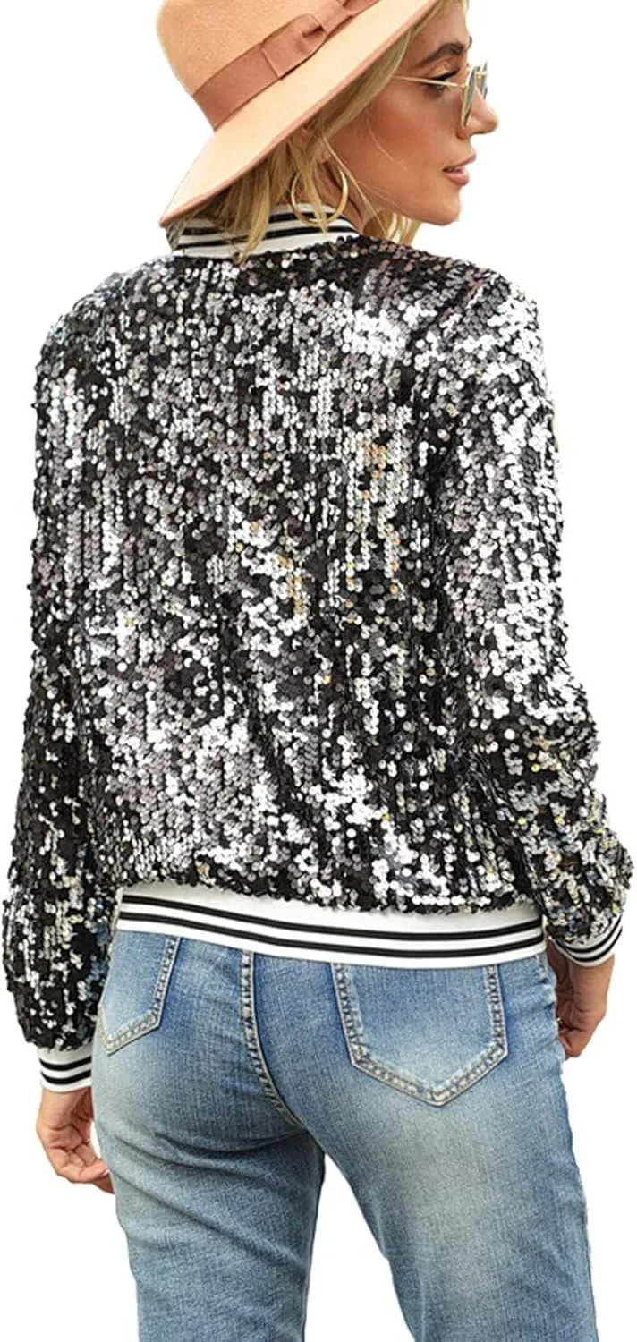 ACEFAST INC Women's Shiny Sparkle Sequins Long Sleeve Zip Blazer Halloween Party Bomber Jacket