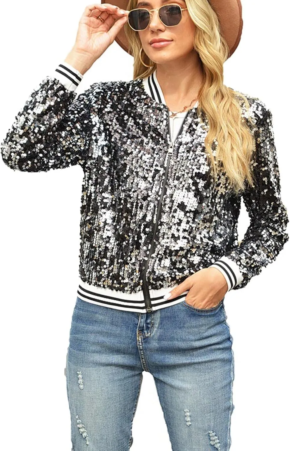 ACEFAST INC Women's Shiny Sparkle Sequins Long Sleeve Zip Blazer Halloween Party Bomber Jacket