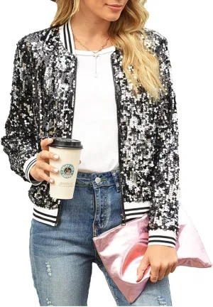 ACEFAST INC Women's Shiny Sparkle Sequins Long Sleeve Zip Blazer Halloween Party Bomber Jacket