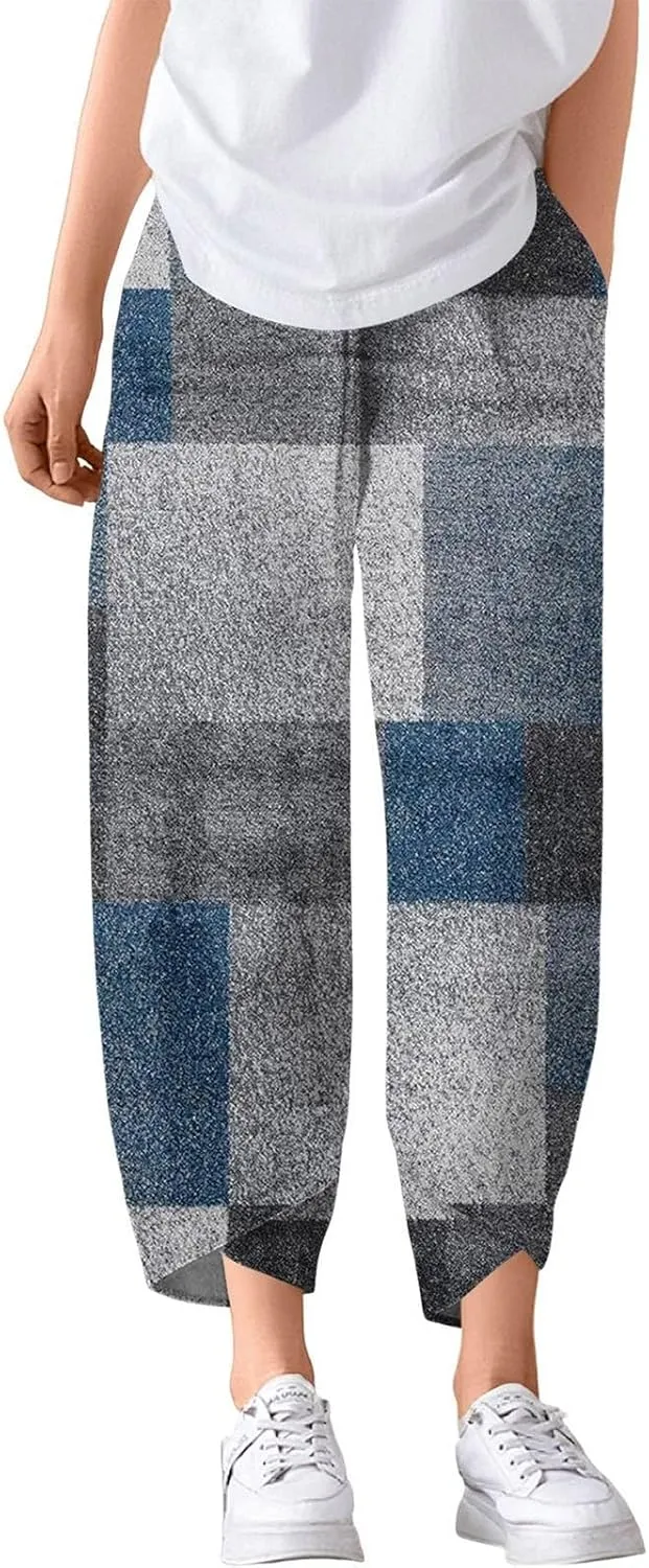 ADHOWBEW Capri Pants for Women Drawstring Lounge Casual Flowy Wide Leg High Waist Cotton Trendy Dressy Trousers with Pockets