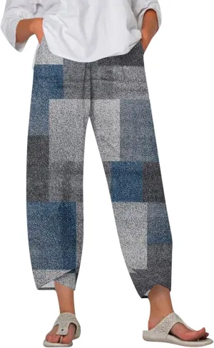 ADHOWBEW Capri Pants for Women Drawstring Lounge Casual Flowy Wide Leg High Waist Cotton Trendy Dressy Trousers with Pockets