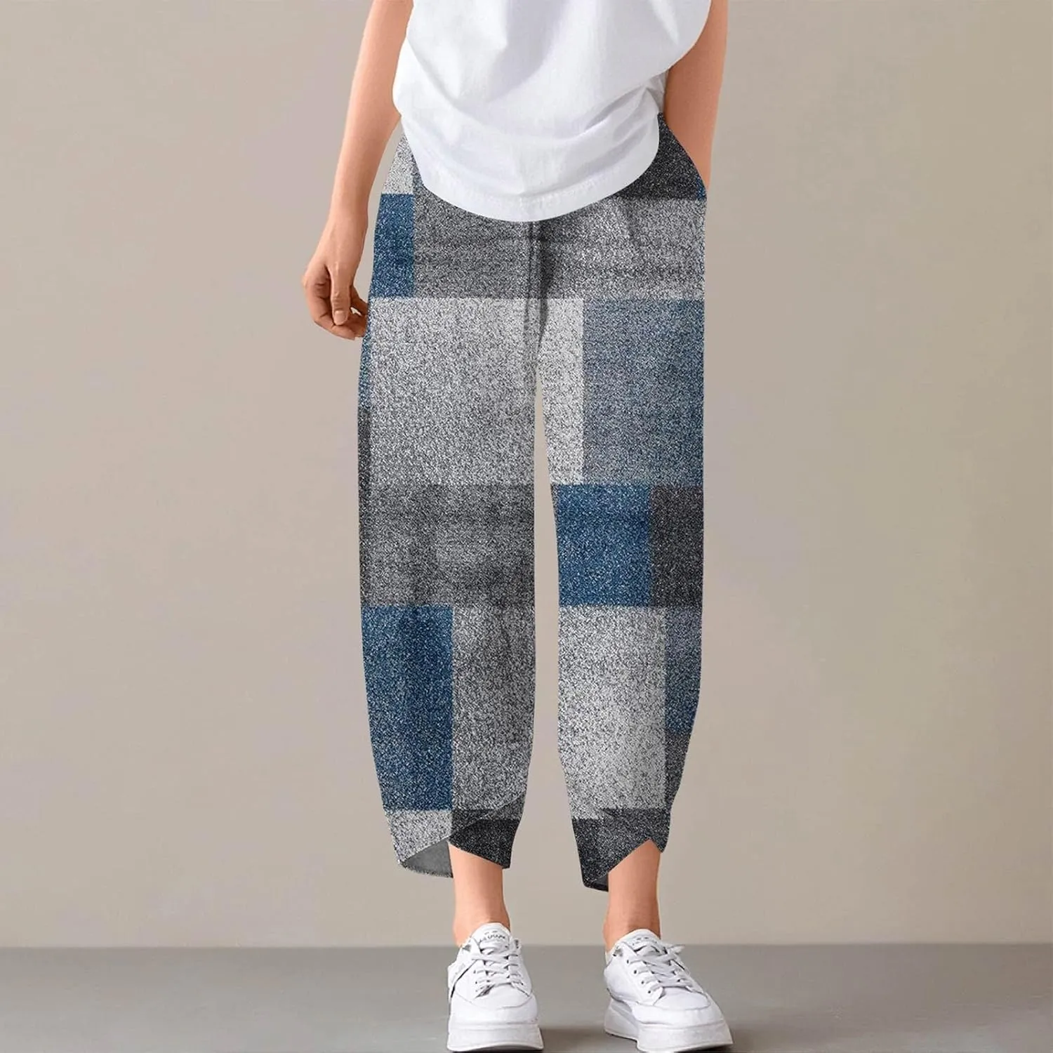 ADHOWBEW Capri Pants for Women Drawstring Lounge Casual Flowy Wide Leg High Waist Cotton Trendy Dressy Trousers with Pockets