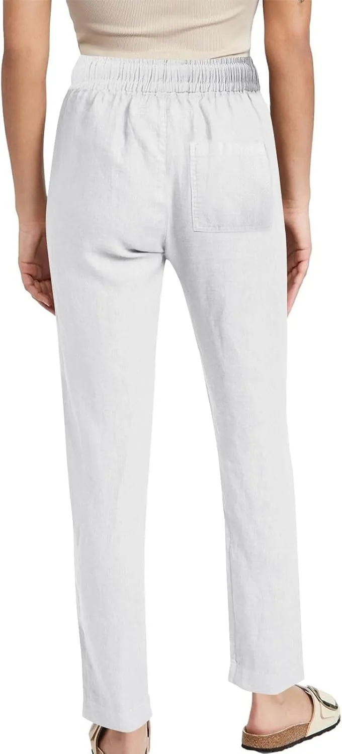 ADHOWBEW Lightweight Capri Pants for Women Casual Cotton Summer Dressy High Waist Drawstring Flowy Slacks with Pockets