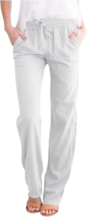 ADHOWBEW Lightweight Capri Pants for Women Casual Cotton Summer Dressy High Waist Drawstring Flowy Slacks with Pockets