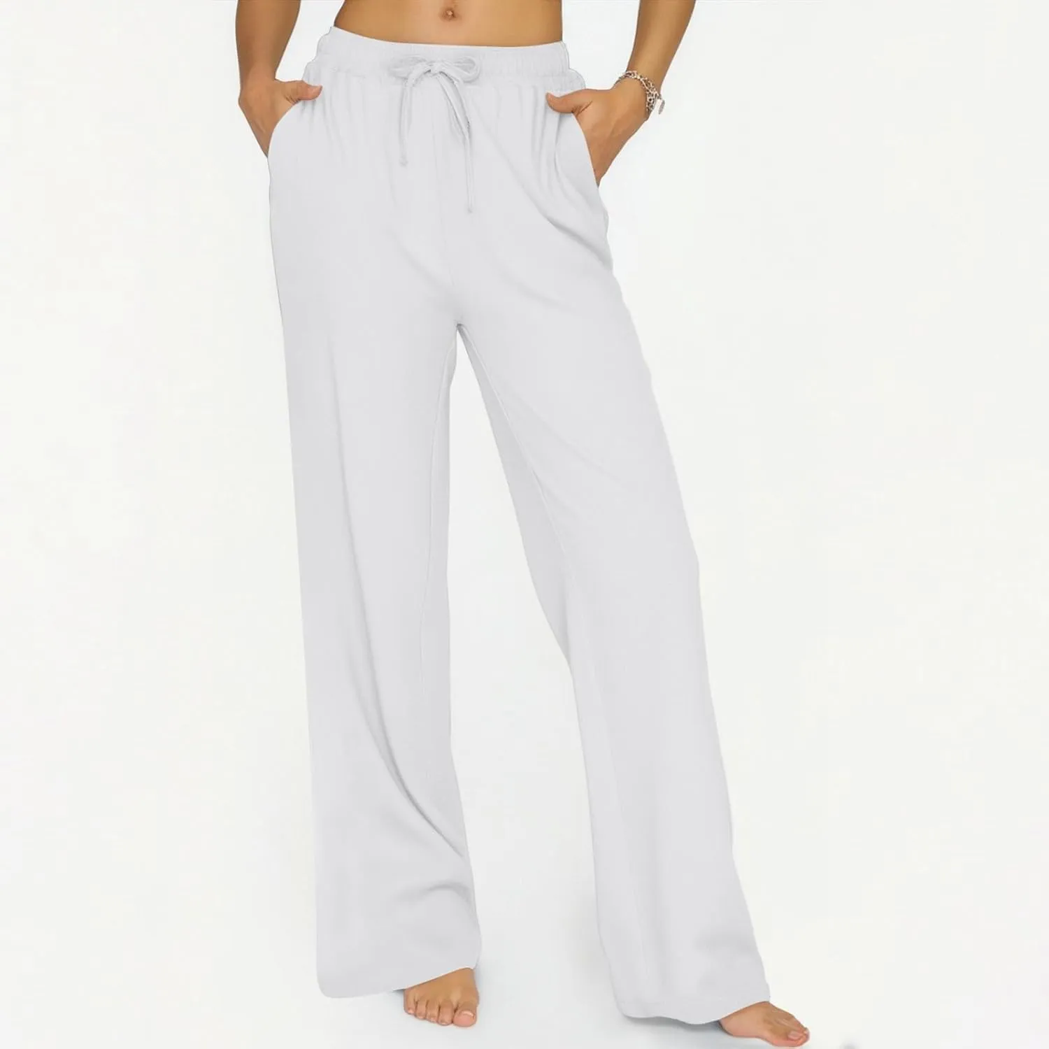 ADHOWBEW Lightweight Capri Pants for Women Casual Cotton Summer Dressy High Waist Drawstring Flowy Slacks with Pockets