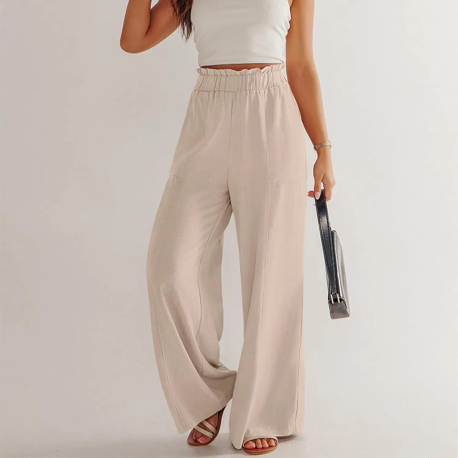 ADHOWBEW Linen Dress Pants Women Cotton Plus Size Dressy Petite Work Flowy Casual Lounge Stretch High Waisted Cotton Pants