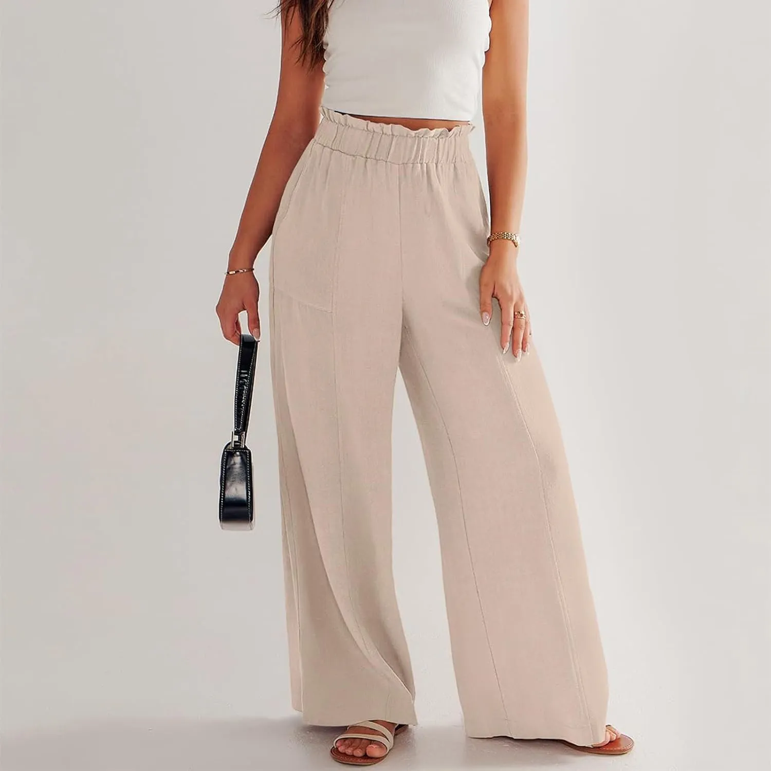 ADHOWBEW Linen Dress Pants Women Cotton Plus Size Dressy Petite Work Flowy Casual Lounge Stretch High Waisted Cotton Pants