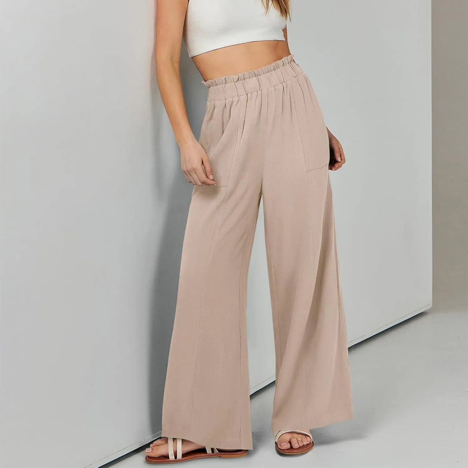 ADHOWBEW Linen Dress Pants Women Cotton Plus Size Dressy Petite Work Flowy Casual Lounge Stretch High Waisted Cotton Pants