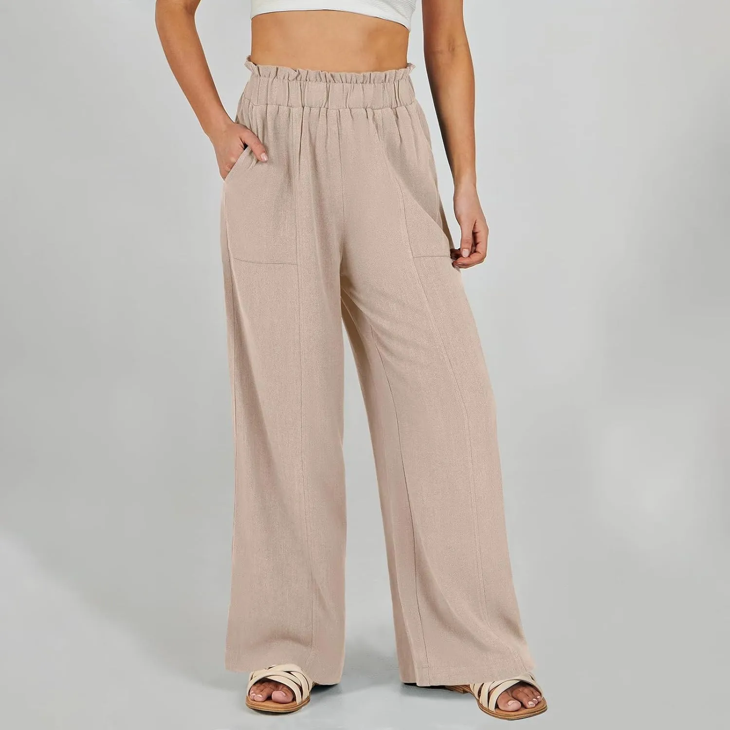 ADHOWBEW Linen Dress Pants Women Cotton Plus Size Dressy Petite Work Flowy Casual Lounge Stretch High Waisted Cotton Pants