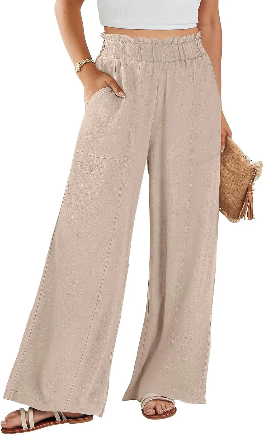 ADHOWBEW Linen Dress Pants Women Cotton Plus Size Dressy Petite Work Flowy Casual Lounge Stretch High Waisted Cotton Pants