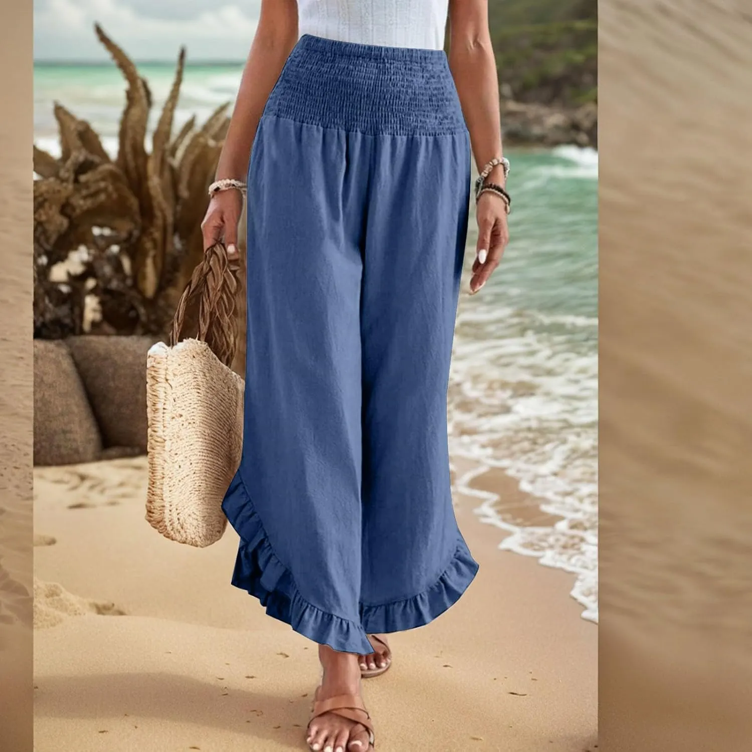 ADHOWBEW Linen Pants for Women Work High Waisted Lounge Plus Size Stretch Cotton Casual Dressy Flowy Pants Bottoms
