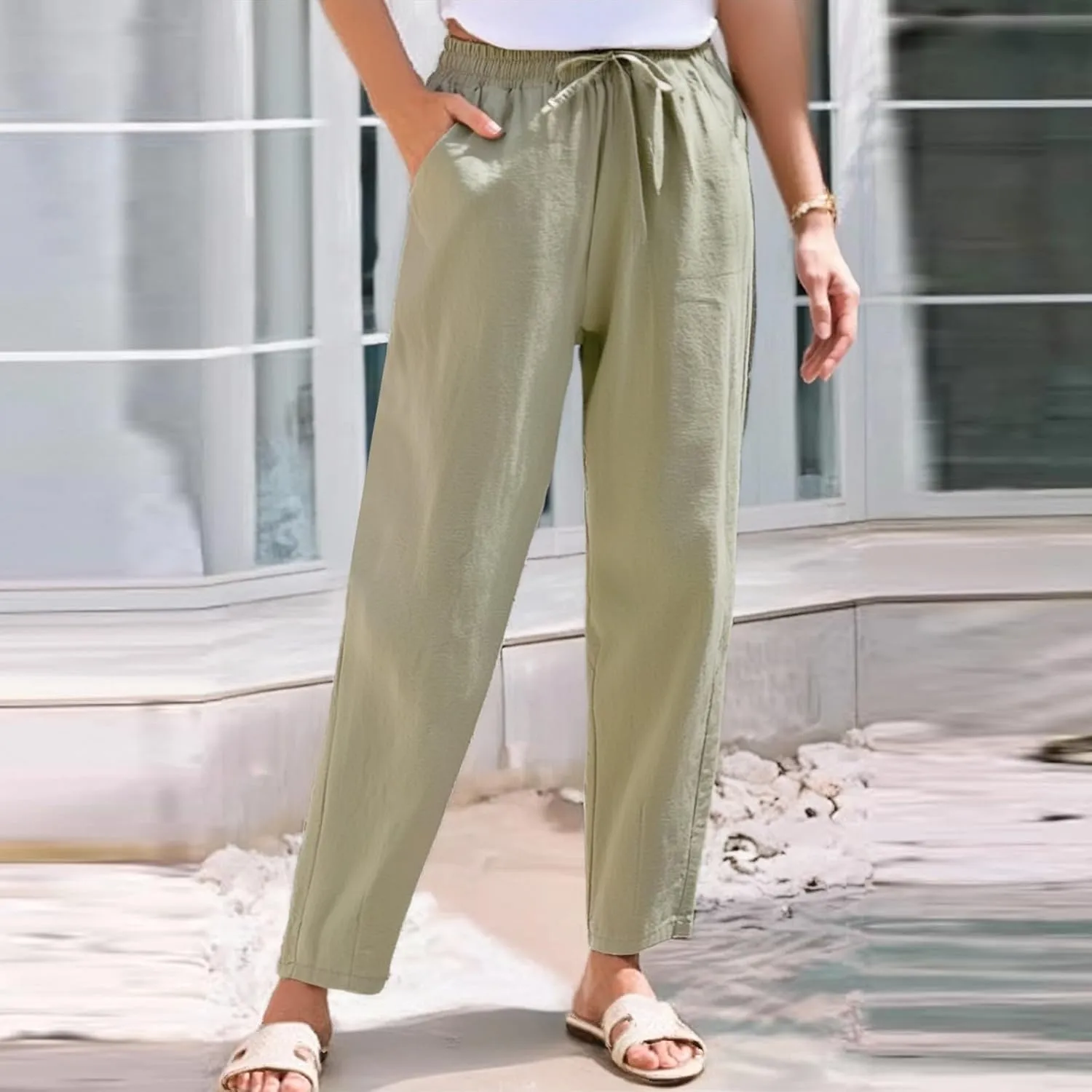ADHOWBEW Linen Pants Women Work Petite Casual Cotton Dressy High Waisted Lounge Plus Size Stretch Pants Bottoms