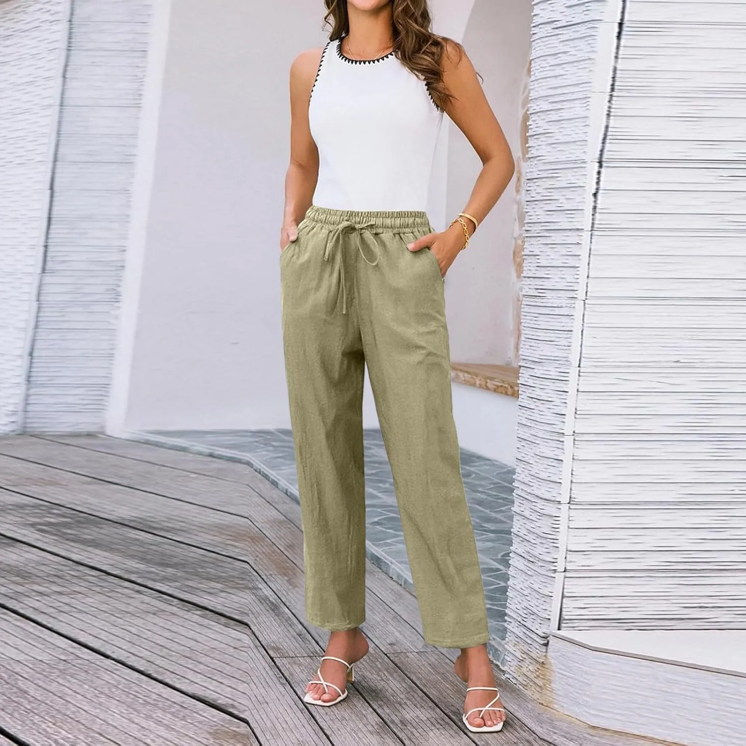 ADHOWBEW Linen Pants Women Work Petite Casual Cotton Dressy High Waisted Lounge Plus Size Stretch Pants Bottoms