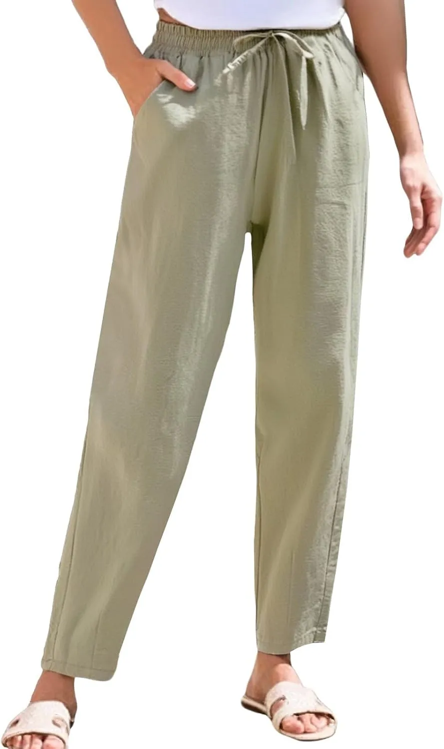 ADHOWBEW Linen Pants Women Work Petite Casual Cotton Dressy High Waisted Lounge Plus Size Stretch Pants Bottoms