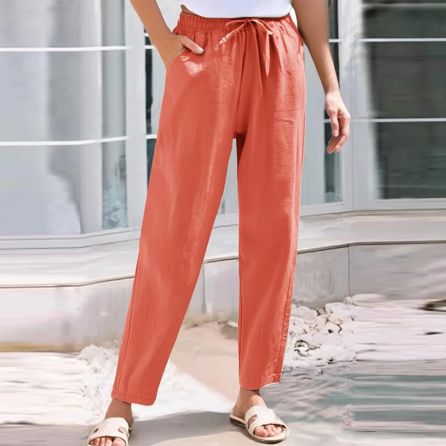 ADHOWBEW Linen Pants Women Work Petite Casual Cotton Dressy High Waisted Lounge Plus Size Stretch Pants Bottoms