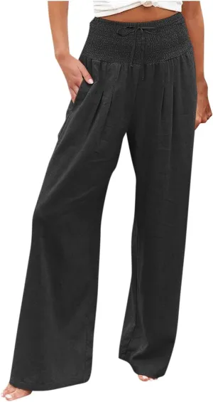 ADHOWBEW Women Linen Pants High Waisted Work Casual Lounge Plus Size Cotton Stretch Dressy Petite Flowy Palazzo Pants