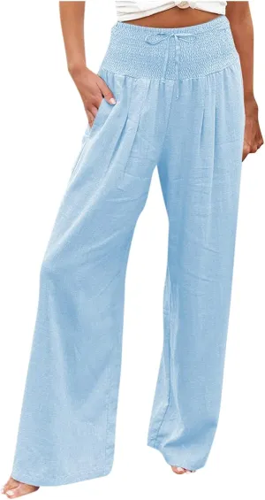 ADHOWBEW Women Linen Pants High Waisted Work Casual Lounge Plus Size Cotton Stretch Dressy Petite Flowy Palazzo Pants