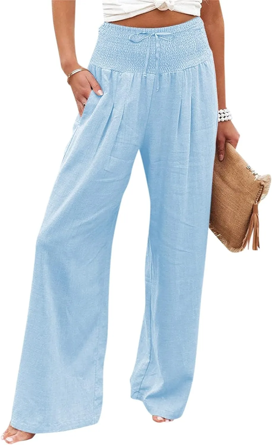ADHOWBEW Women Linen Pants High Waisted Work Casual Lounge Plus Size Cotton Stretch Dressy Petite Flowy Palazzo Pants
