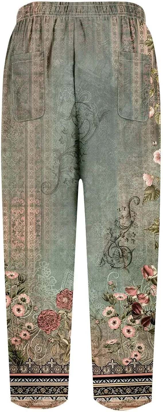 ADHOWBEW Women Linen Pants Plus Size Petite Dressy Cotton Stretch Work Casual Flowy High Waisted Lounge Pants