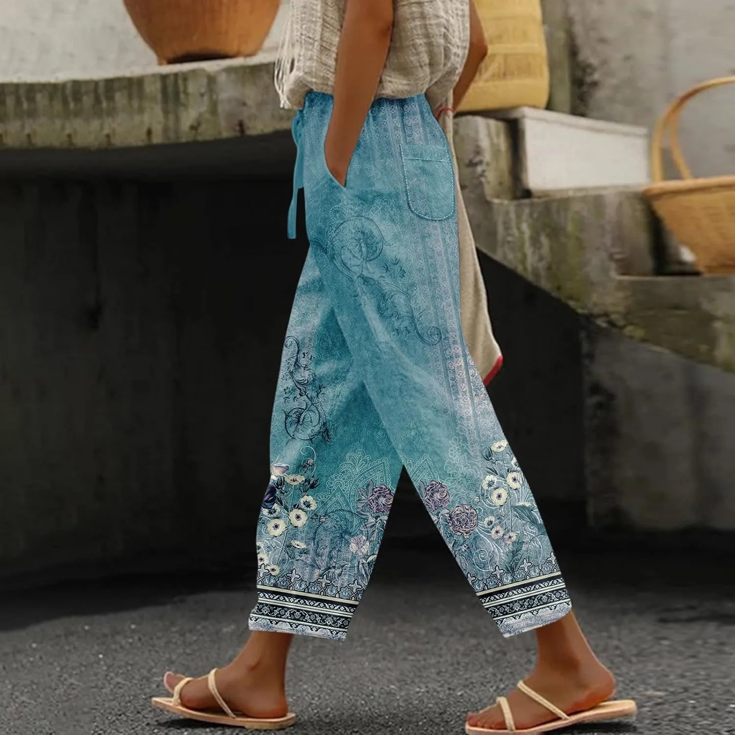 ADHOWBEW Women Linen Pants Plus Size Petite Dressy Cotton Stretch Work Casual Flowy High Waisted Lounge Pants