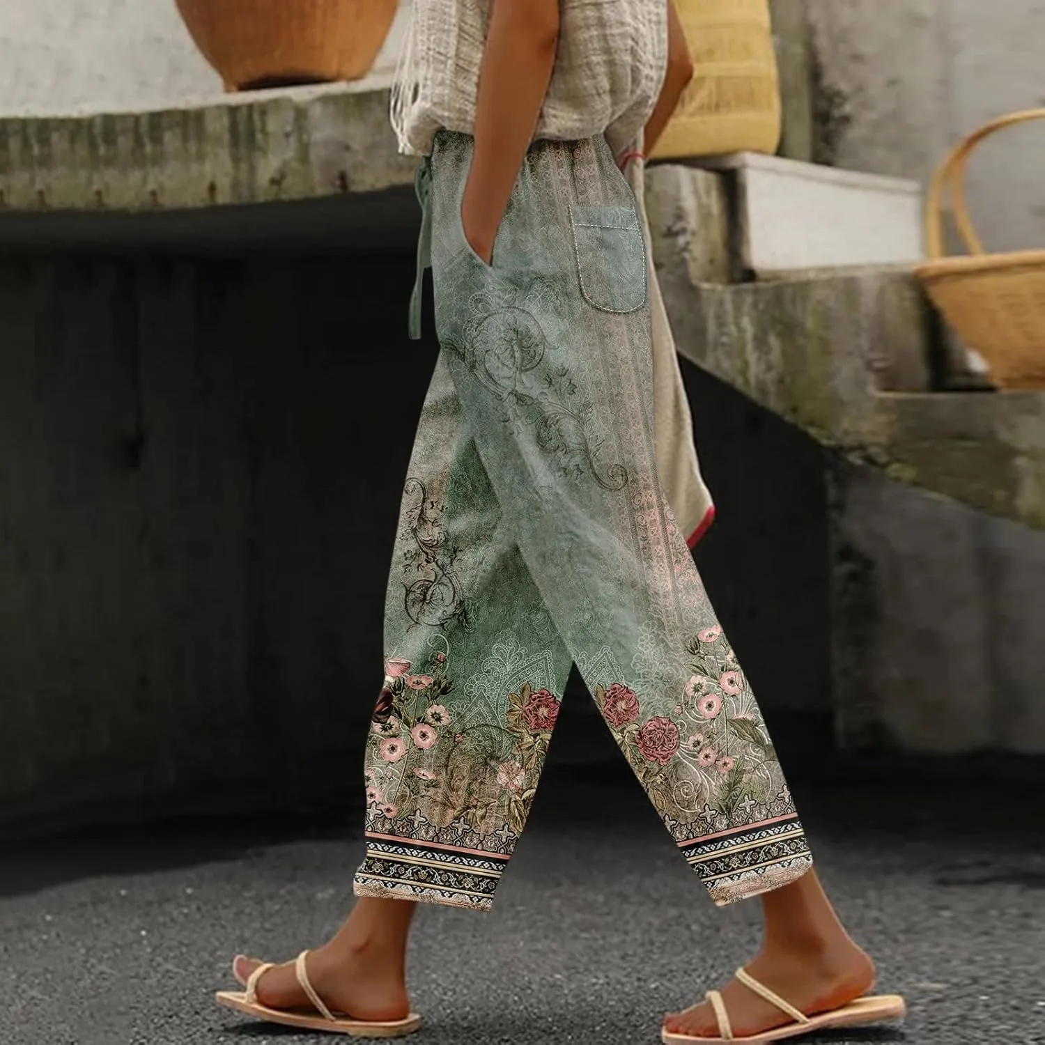 ADHOWBEW Women Linen Pants Plus Size Petite Dressy Cotton Stretch Work Casual Flowy High Waisted Lounge Pants