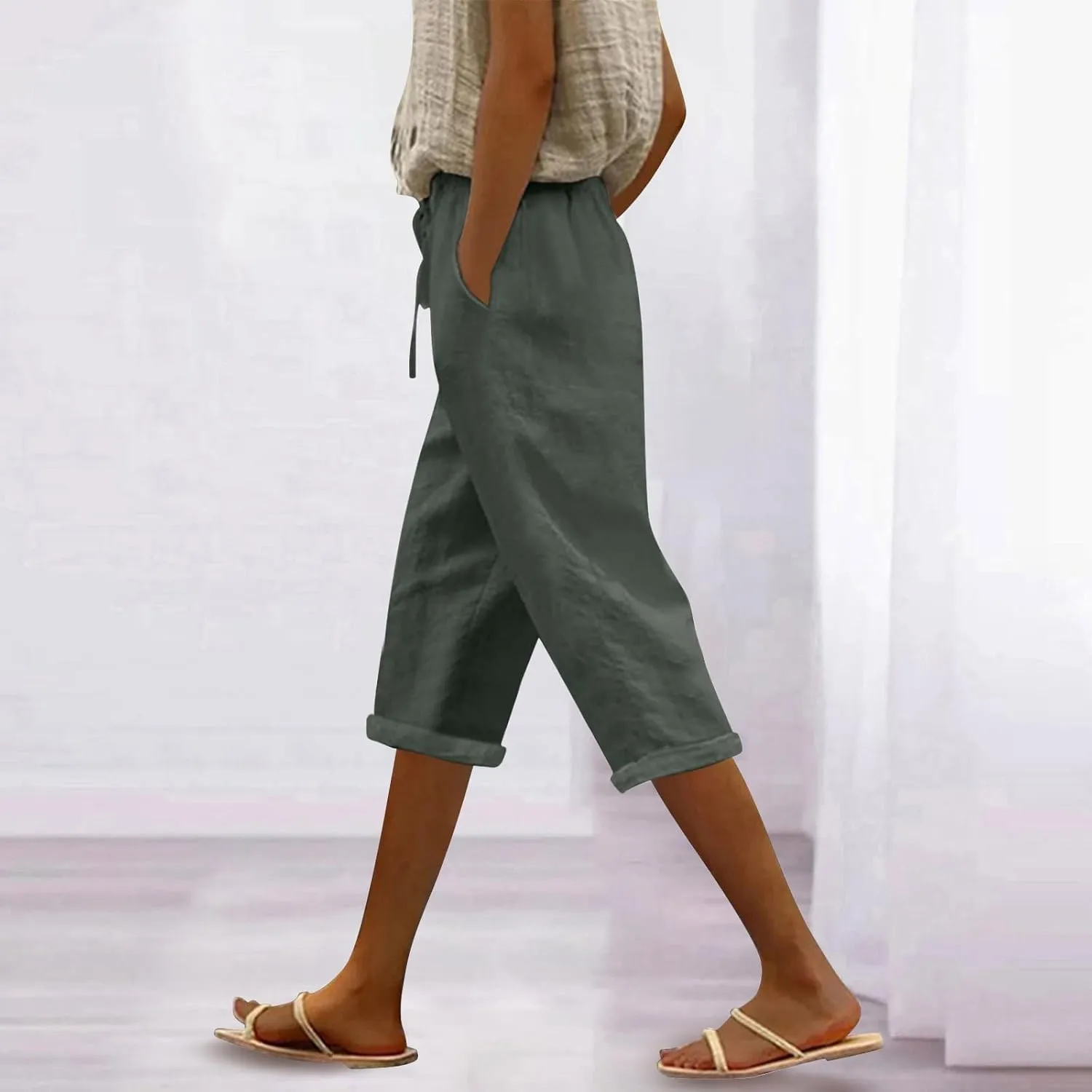 ADHOWBEW Women Linen Pants Work Dressy Stretch Plus Size Petite High Waisted Lounge Casual Flowy Cotton Pants