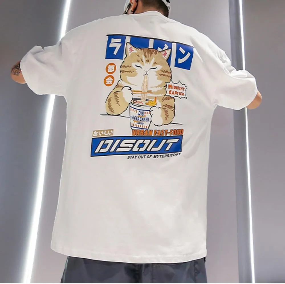Aelfric Eden Mens Ramen Cat Graphic Tee Oversized Shirts Summer Unisex Printed Casual Harajuku Top Tshirt