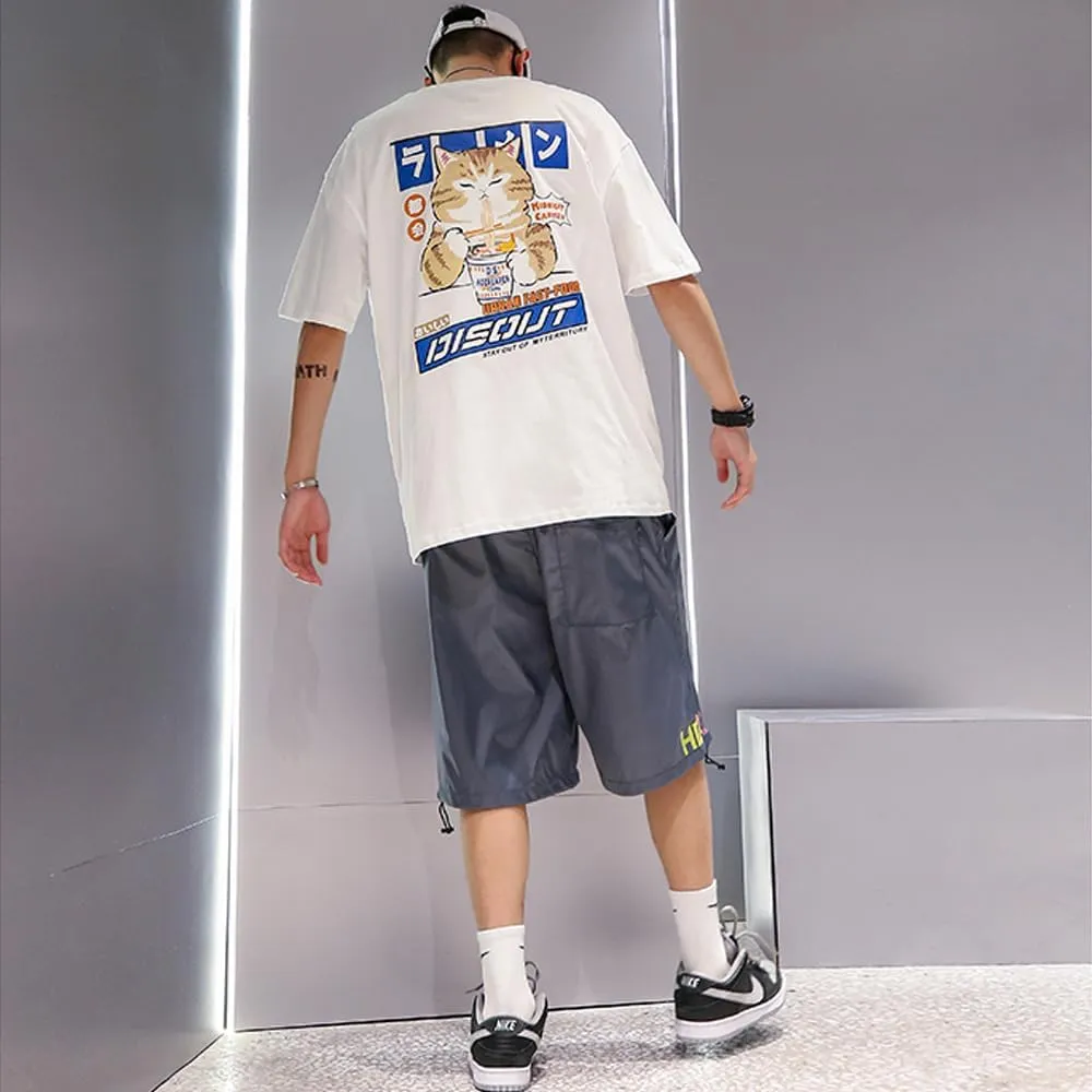 Aelfric Eden Mens Ramen Cat Graphic Tee Oversized Shirts Summer Unisex Printed Casual Harajuku Top Tshirt