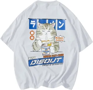 Aelfric Eden Mens Ramen Cat Graphic Tee Oversized Shirts Summer Unisex Printed Casual Harajuku Top Tshirt