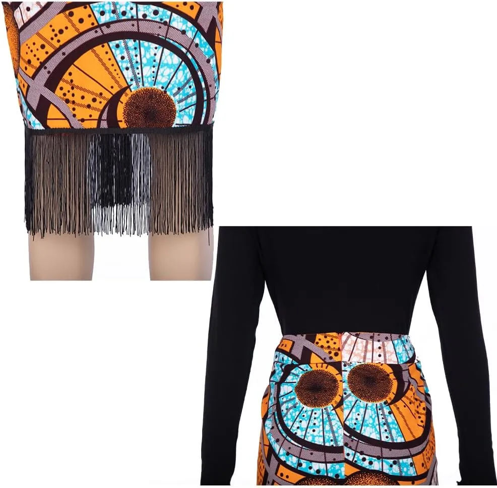 African Print Skirts for Women Ankara Midi Pencil Skirt High Waist Black Tassels Plus Size