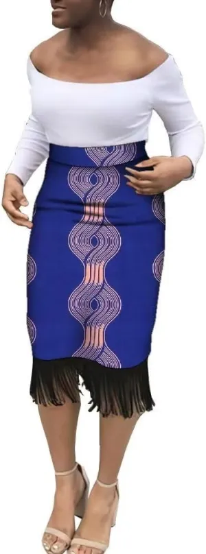 African Print Skirts for Women Ankara Midi Pencil Skirt High Waist Black Tassels Plus Size