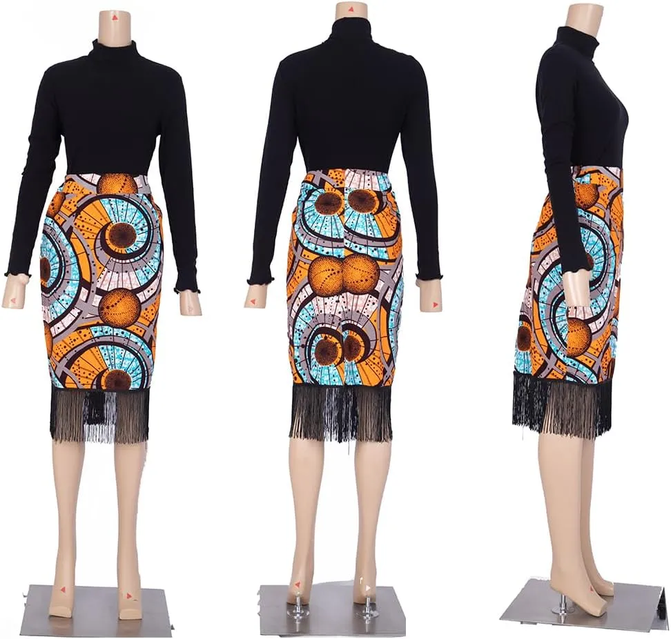 African Print Skirts for Women Ankara Midi Pencil Skirt High Waist Black Tassels Plus Size