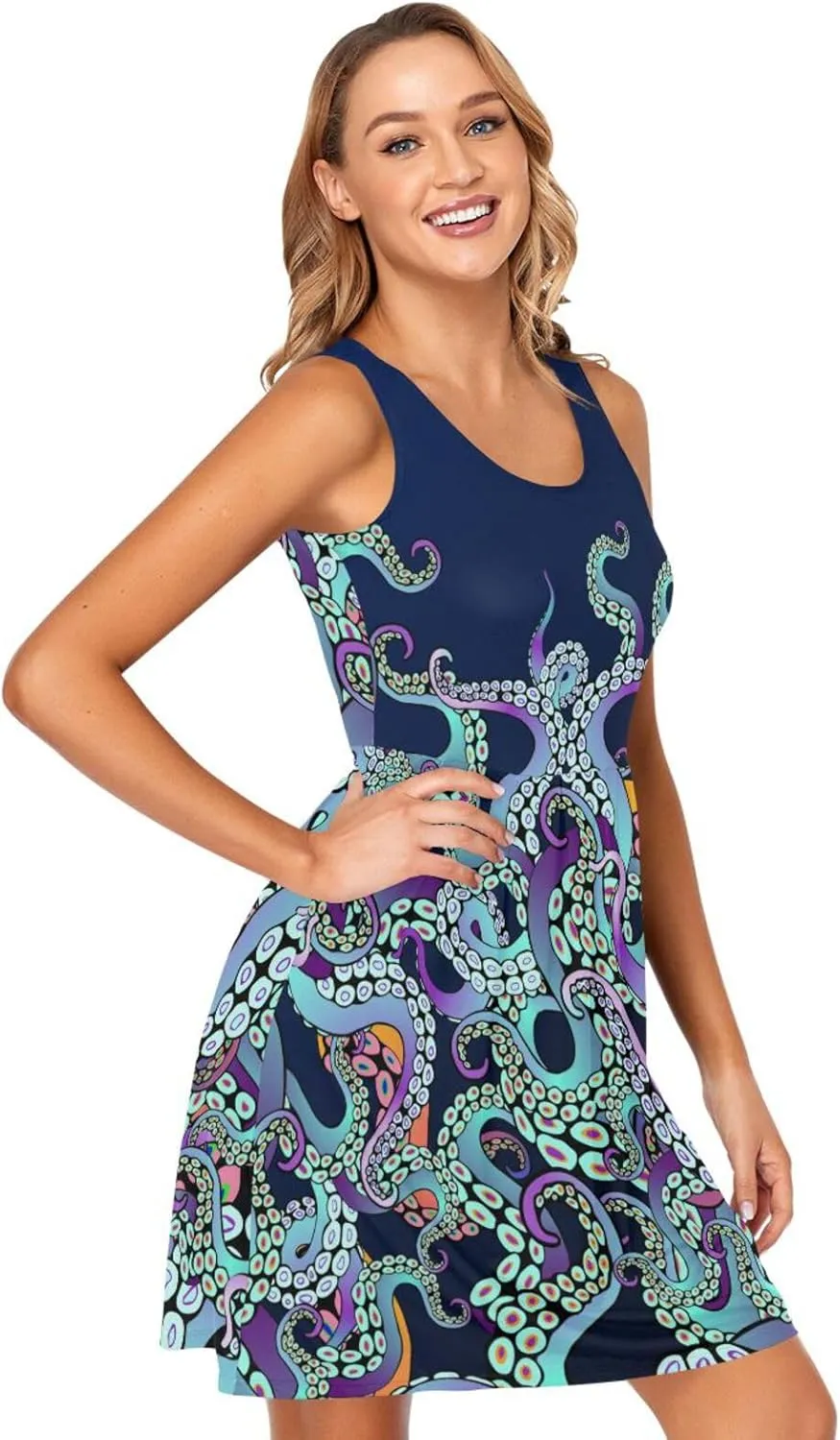 ALAZA Summer Dress Blue Octopus Tentacles Sun Dresses Sleeveless